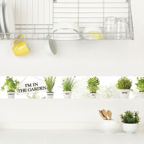 Frise adhésive décorative cuisine, motifs herbes aromatiques, 15 cm X 300 cm, autocollante. (1/2)