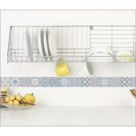 Listel Autocollant Décoratif Carreaux de Ciment Ancien, 5cm x 180cm, Bleu Clair et Gris, Lot de 3. (1/2)