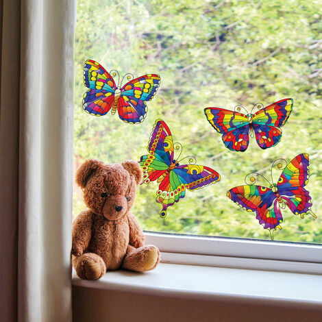 Sticker Autocollant Électrostatique Vitrail Papillons Multicolores, 67 cm X  23 cm, Décoration Vitre Intérieure/Extérieure