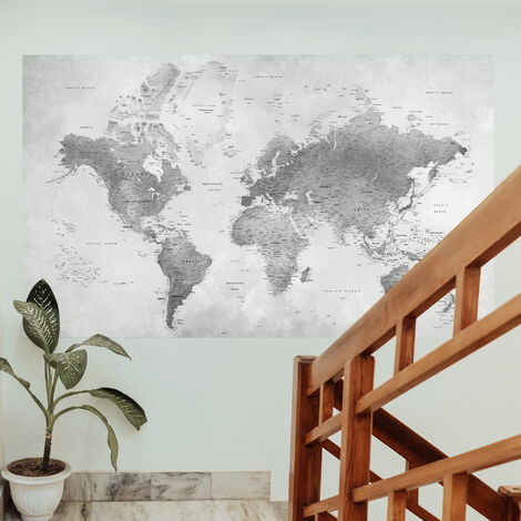 Papier peint intissé vintage gris mappemonde, 250 cm X 150 cm (1/2)