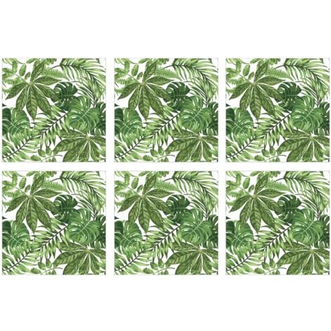 Sticker carrelage adhésif 15x15 cm, 6 pièces, décoratif autocollant, imitation carrelage motifs feuilles tropicales vertes sur fond blanc