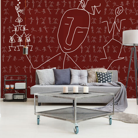 Papier Peint Intissé Line Art Art Primitif Dessin Batons 270 cm X 250 cm, Décor Contemporain Graphique pour Murs et Sols (1/3)