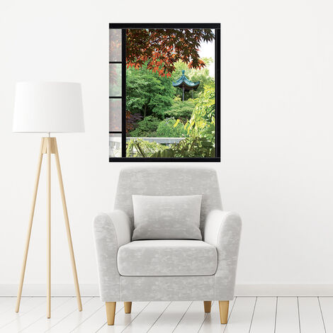 Sticker Fenêtre 3D Maison Asiatique Nature Jardin 60x75cm - Déco Trompe l'oeil Effet 3D pour Vitres Intérieures et Extérieures