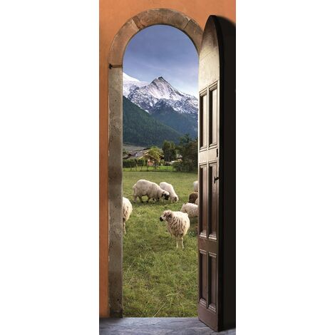 Sticker mural décoratif 83 cm X 204 cm - Décoration porte avec vue sur alpages, moutons et montagnes - Magnifique déco pour porte
