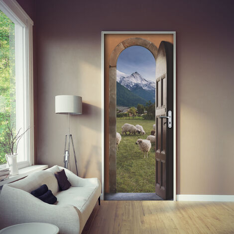 Sticker mural décoratif 83 cm X 204 cm - Décoration porte avec vue sur alpages, moutons et montagnes - Magnifique déco pour porte