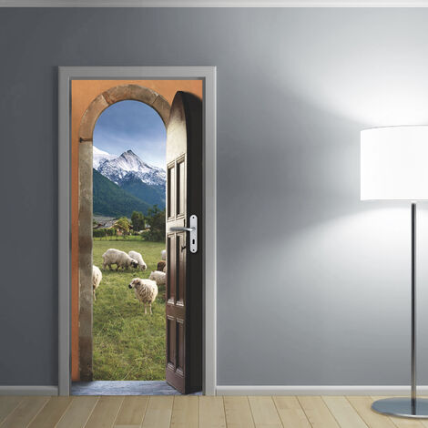 Sticker mural décoratif 83 cm X 204 cm - Décoration porte avec vue sur alpages, moutons et montagnes - Magnifique déco pour porte
