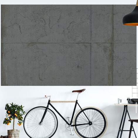 Papier peint intissé 3D, 150x250cm - Planisphère gravé sur béton - Trompe l'oeil garanti - Décoration murale unique et originale. (1/3)
