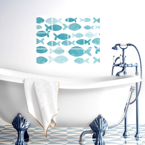 Fresque adhésive décorative 15x15cm x12 poissons aquarelle bleu clair pour carrelage salle d'eau - Décoration murale originale (1/4)