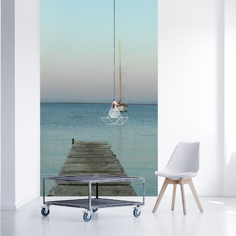 Papier peint intissé Paysage Méditerranée 150x250 cm: Ponton et Voilier, Décoration Murale Intérieure (1/3)