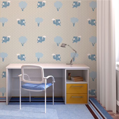 Papier peint intissé pour chambre d'enfant, 270 cm X 250 cm, motif écureuils bleus et arbres. Décorez votre pièce avec ce produit unique et coloré (1/5)