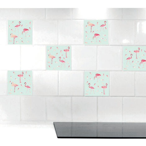 Sticker carrelage adhésif 15x15 cm, 6 pièces, décoratif autocollant, 3 flamants roses tons verts et ros avec petites plumes.