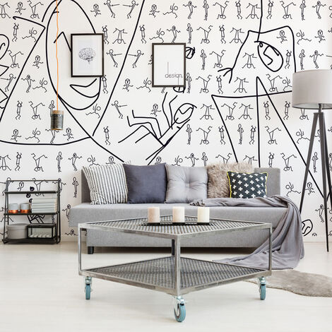 Papier Peint Intissé Line Art Primitif 270 cm X 250 cm, Dessin Batons, Décor Design pour Murs et Sols (1/5)
