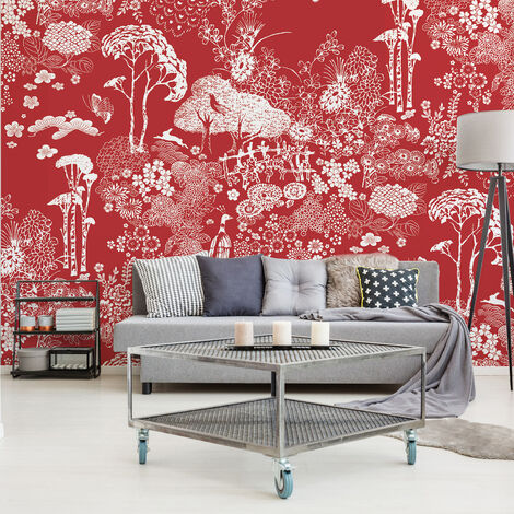 Papier peint intissé Asiatique 270 cm X 250 cm - Paon, Arbres, Fleurs et Papillons d'Asie. (1/3)