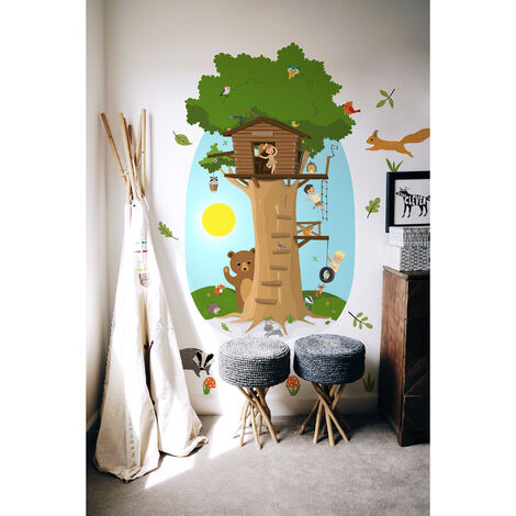 Grand papier peint panoramique découpé, cabane pour enfant avec un arbre découpé et des animaux de la forêt, 146,5 cm X 83 cm (1/5)