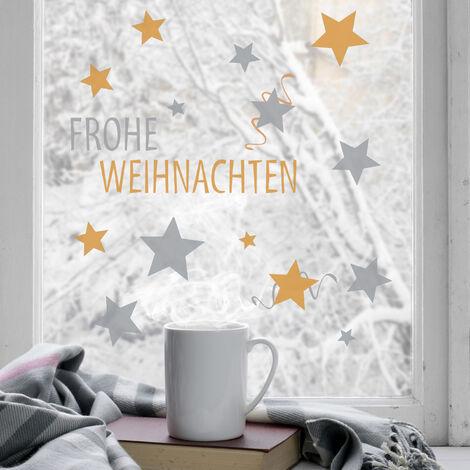 Stickers Décoratifs Joyeux Noël Allemand 29,7 cm X 21 cm, Électrostatique, Étoiles Or et Argent (1/3)