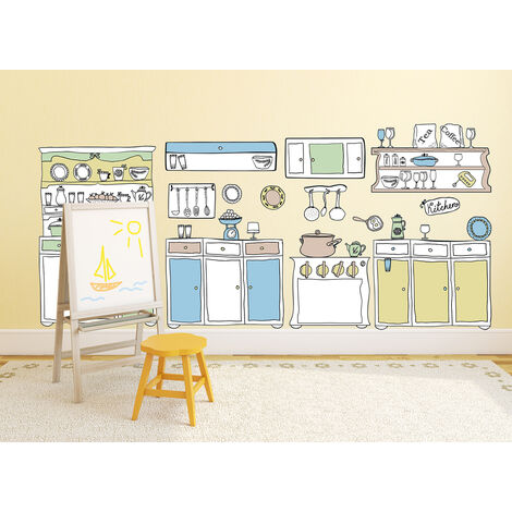 Sticker mural autocollant cuisine ancien style, couleurs pastels, 170x60cm, décoration murale pour cuisine. (1/2)
