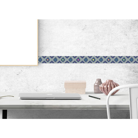 Frise adhésive décorative 5 cm x 300 cm, losanges multicolores, trait graphique violet, gris