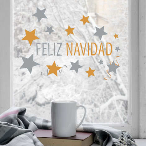 Stickers Noël Espagnol 29,7 cm X 21 cm, électrostatique, étoiles dorées et argentées, décoratifs pour Joyeux Noël. (1/3)
