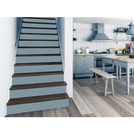 Sticker adhésif déco 100x19,5cm, Contremarche motif blanc/bleu, pour Homestaging, décorez votre intérieur (1/3)