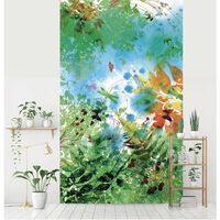 Papier peint Aquarelle 250 cm X 150 cm, Feuilles et Insectes Volants dans la Prairie, Panoramique