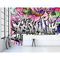 Papier peint graffiti monstre flashy, 250 cm X 270 cm, panoramique sur mur en brique