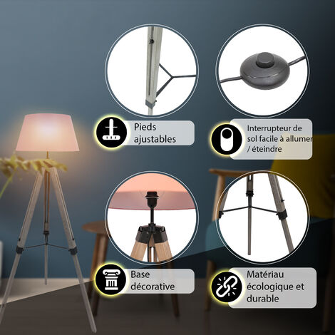 MaxxHome Lampadaire trépied - Lampadaire Lilly - Eclairage d'intérieur - Pied réglable - 145 cm - Rustique - Rouge/Rose