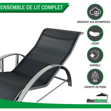 MaxxGarden Duo de bains de soleil en aluminium et textilène - avec table - Noir