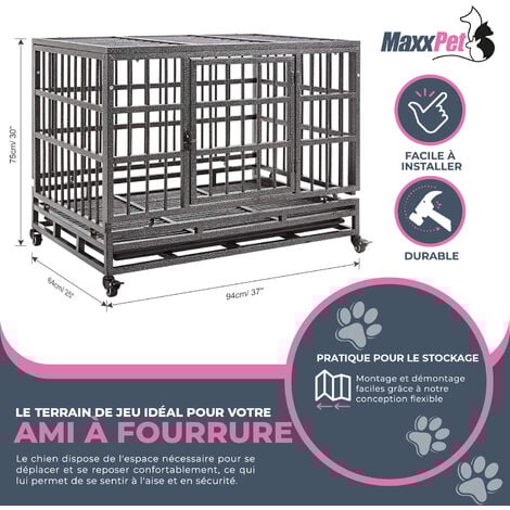 MaxxPet Cage pour chien 95x65x75 cm - Cage mobile pour chiots - 2 Ouvertures - Intérieur et Extérieur - Pliable - Noir