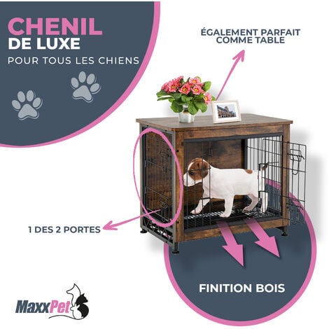 MaxxPet Cage Pour Chien En Bois - Banc Pour Chien - Cage De Style Meuble Pour La Maison - Cage Chien Interieur Avec 2 Portes - Niche Moderne Pour Chien - 83x55x64 cm - Brun