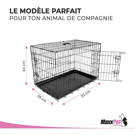 MaxxPet Cage pour Chien 92x58x64 cm - Avec poignée - Caisse de transport pliante - 2 Portes - Panier de Transport pour Chien - Banc pour chien - Noir