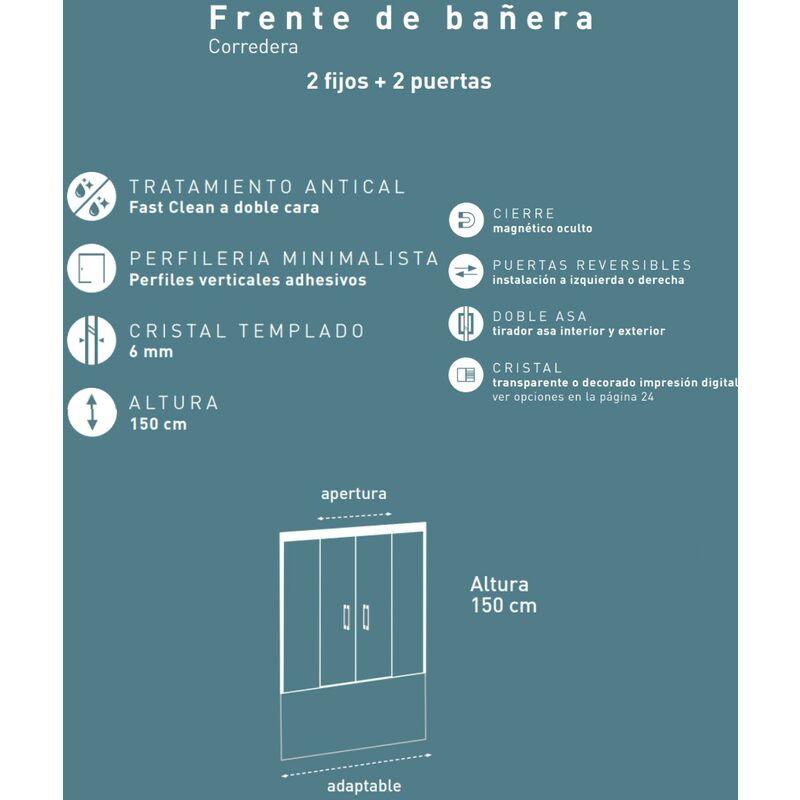 Patricia Mampara Bañera Frontal Corredera 2 puertas - 2 fijos Serigrafía |  Cristal de 6mm | Antical