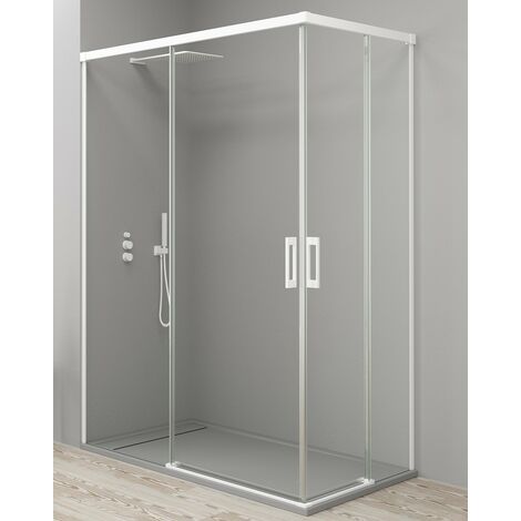 Mampara Ducha Rectangular Angular Corredera 2 Puertas + 2 Fijos Cristal 6mm Antical Transparente Perfil Blanco Mate - 125 cm (Adaptable 121-126cm) - 85 cm (Adaptable 80-85cm)