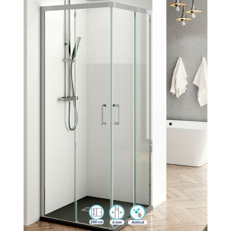 Mampara de Ducha Rectangular Angular Corredera 2 Puertas 2 Fijas Vidrio 6mm Altura 200cm Transparente - Cromo Brillo - 100 cm (Adaptable 95,5-98,5cm) - 70 cm (Adaptable 67,5-70,5cm) (1/3)