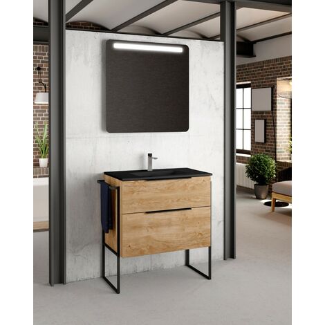 Mueble de Baño Al Suelo con Lavabo Cerámico Negro 2 cajones con Cierre Amortiguado y Organizador 80 cm Roble Natural Tirador Negro (1/5)