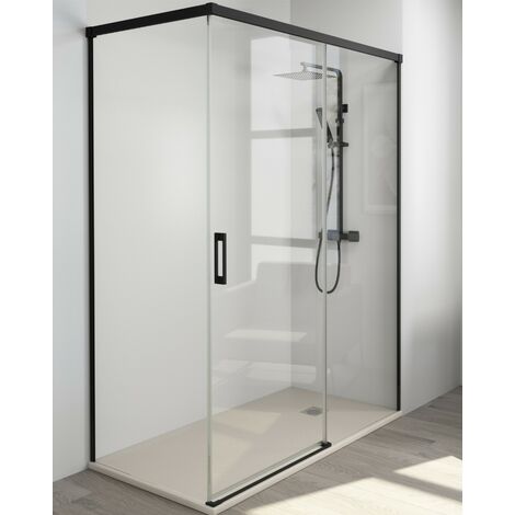 Mampara Ducha Rectangular Corredera Acceso Frontal Vidrio Templado 6mm Antical Transparente Perfil Negro Mate 145 (Adaptable 140,1-145cm) X 70 (1/5)