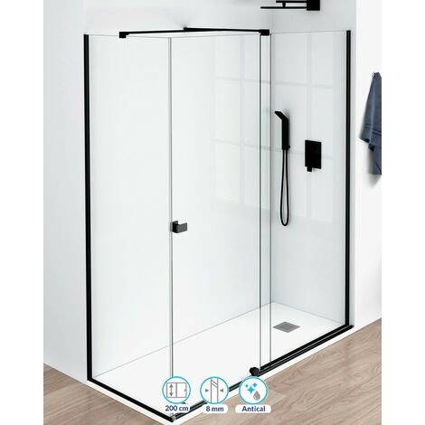 Mampara Ducha Rectangular Frontal Corredera 1 Puerta 1 Fijo Cristal Templado 8mm Transparente Altura 200cm Perfil Negro Mate 190 cm (Adaptable 187-192cm) X 90 cm (1/5)