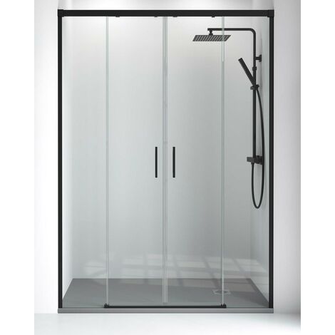 Mampara Ducha Frontal 2 puertas 2 fijos Cristal Templado 6mm Antical Transparente Altura 195cm Perfil Negro Mate 155 cm (Adaptable 152-157cm)