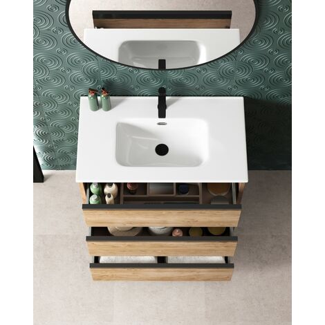 Mueble de baño al suelo con lavabo cerámico, 60 cm - roble natural