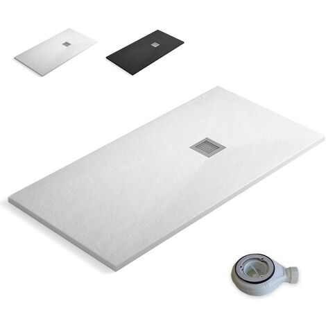 Plato de Ducha de Resina Extraplano Antideslizante  Válvula de Desagüe y Rejilla  Pizarra Suave  Blanco  90 X 120 cm