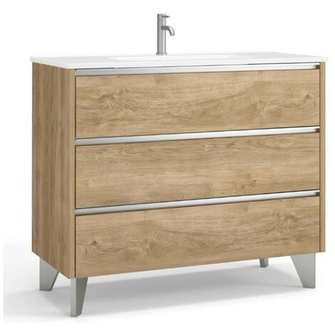 Mueble Baño al Suelo con Lavabo Cerámico 3 Cajones Cierre Amortiguado y Organizador 60 cm Roble Natural Tirador Cromo