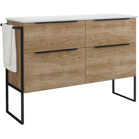 Mueble Baño al Suelo con Lavabo Cerámico 2 cajones con Cierre Amortiguado y Organizador 120cm (2 Senos) Roble Natural (1/5)
