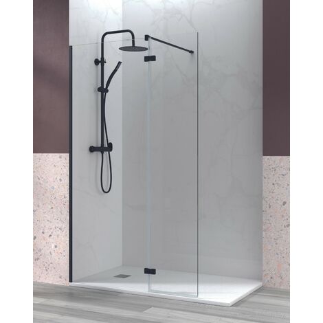Mampara Ducha Fijo de Ducha + 1 Puerta Abatible Vidrio Templado 6mm Antical Transparente Altura 195cm 100cm + 40cm Perfil Negro Mate (1/3)