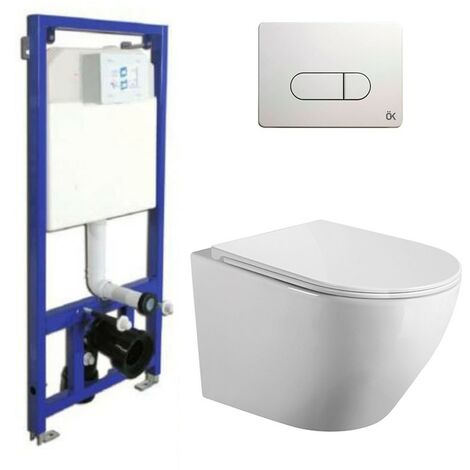 Pack wc ok Suspendido Blanco Brillo Rimless con Cisterna Empotrada y Pulsador Blanco (1/5)