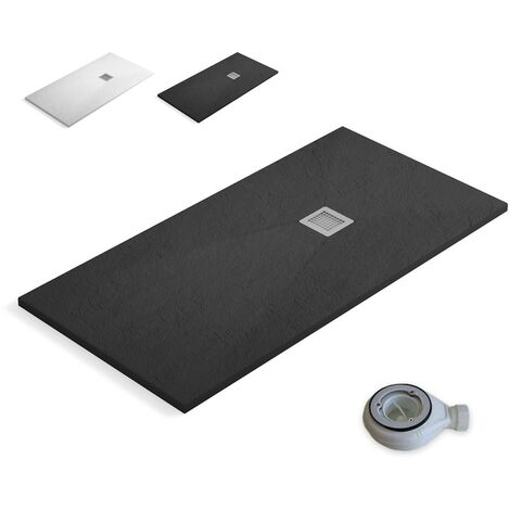 Plato de Ducha de Resina Extraplano Antideslizante Válvula de Desagüe y Rejilla Pizarra Suave Antracita 90 X 90 cm
