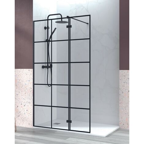 Mampara Ducha Fijo de Ducha + 1 Puerta Abatible Vidrio Templado 6mm Antical Cuadrícula Negra Altura 195cm 80cm + 40cm Perfil Negro Mate (1/3)