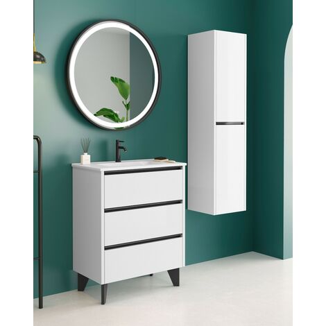 Mueble Baño al Suelo con Lavabo Cerámico 3 Cajones Cierre Amortiguado y Organizador 70 cm Blanco Brillo Tirador Negro