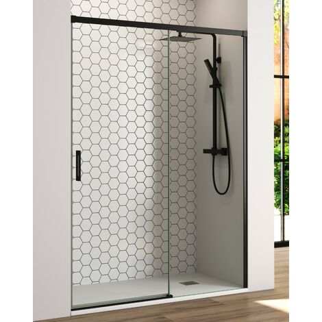 Mampara Ducha Frontal 1 puerta 1 fijo Corredera Vidrio Templado 6mm Antical Transparente Perfil Negro Mate 180 cm (Adaptable 174-179cm)