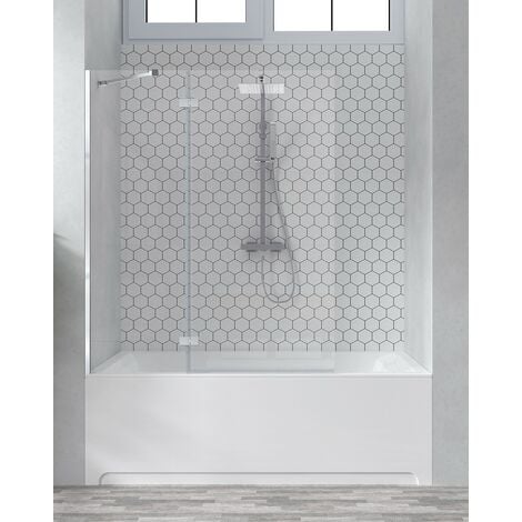 Mampara Bañera Fijo de Ducha + 1 Puerta Abatible  Vidrio Templado 6mm Antical Transparente  150cm Altura  50+70cm Perfil Cromo Brillo