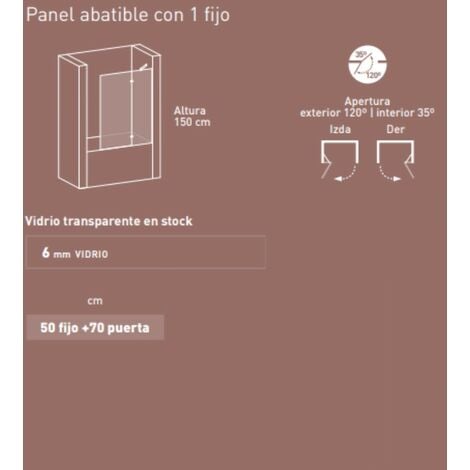 Mampara Bañera Fijo de Ducha + 1 Puerta Abatible  Vidrio Templado 6mm Antical Transparente  150cm Altura  50+70cm Perfil Cromo Brillo