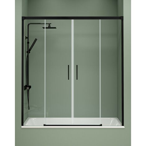 Mampara Bañera Frontal 2 Puertas - 2 Fijos Corredera  Cristal Templado 6mm Antical Transparente  Perfil Negro Mate 155 cm (Adaptable 149-154cm)